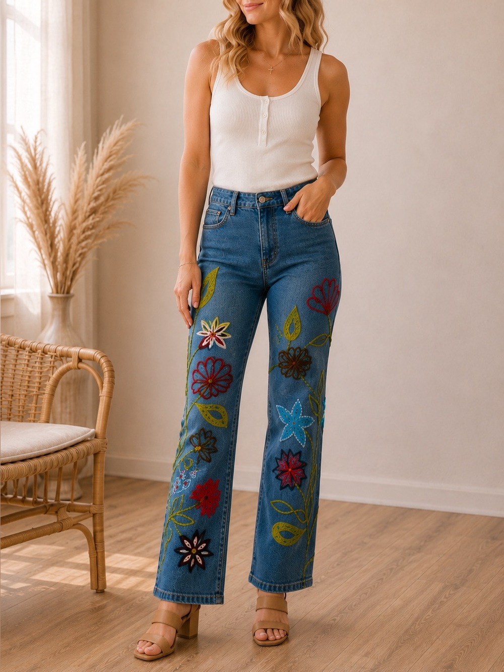24 Karat Embroidered Floral Jeans Women’s Blue Straight Leg Boho Festival